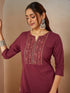 Janasya Women's Burgundy Pure Cotton Embellished Straight Kurta Set